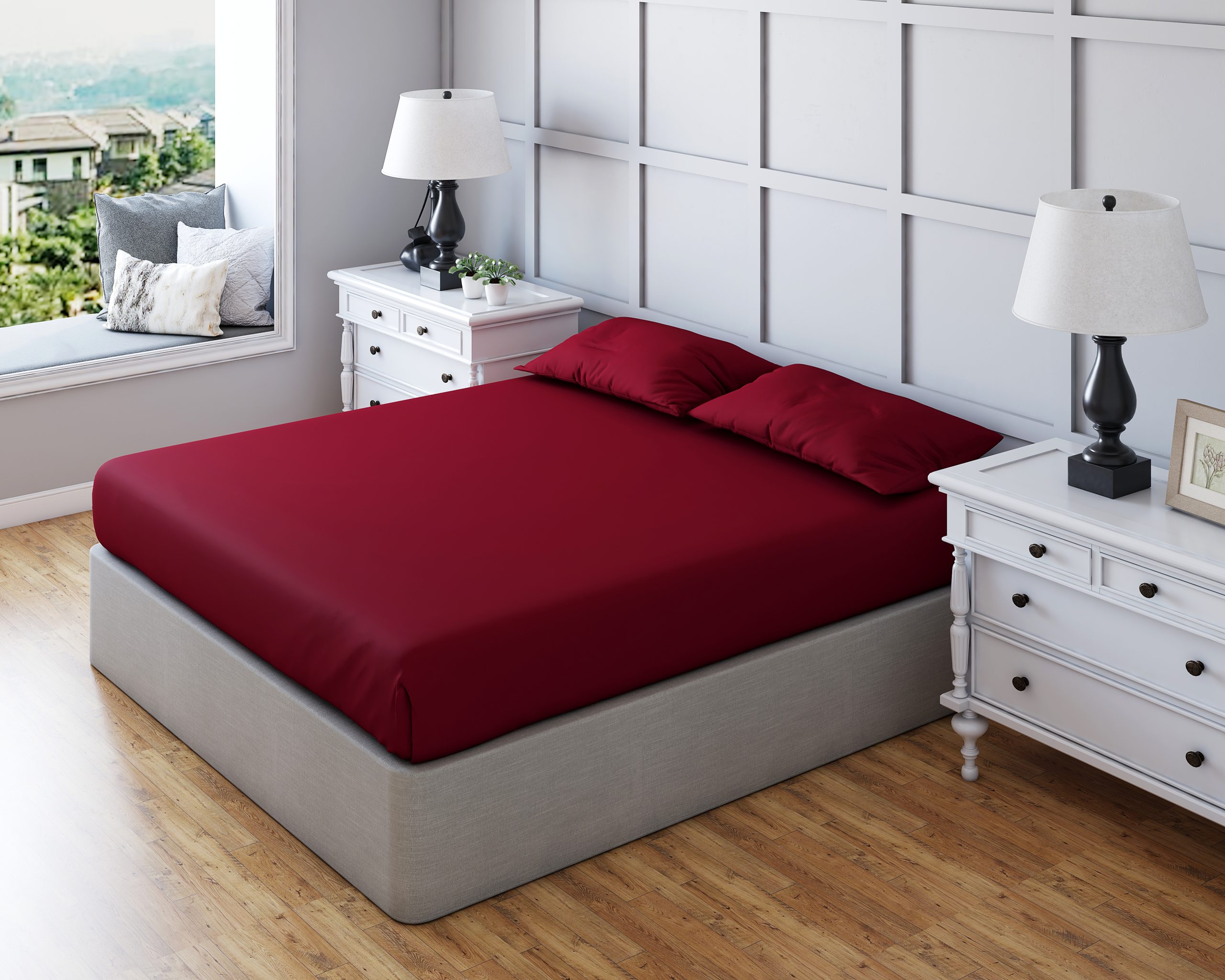 burgendy Non Iron Polycotton Plain Dyed Fitted Sheet Extra Deep 25cm Elasticated Skirt - Bunk - Burgundy - Image 1