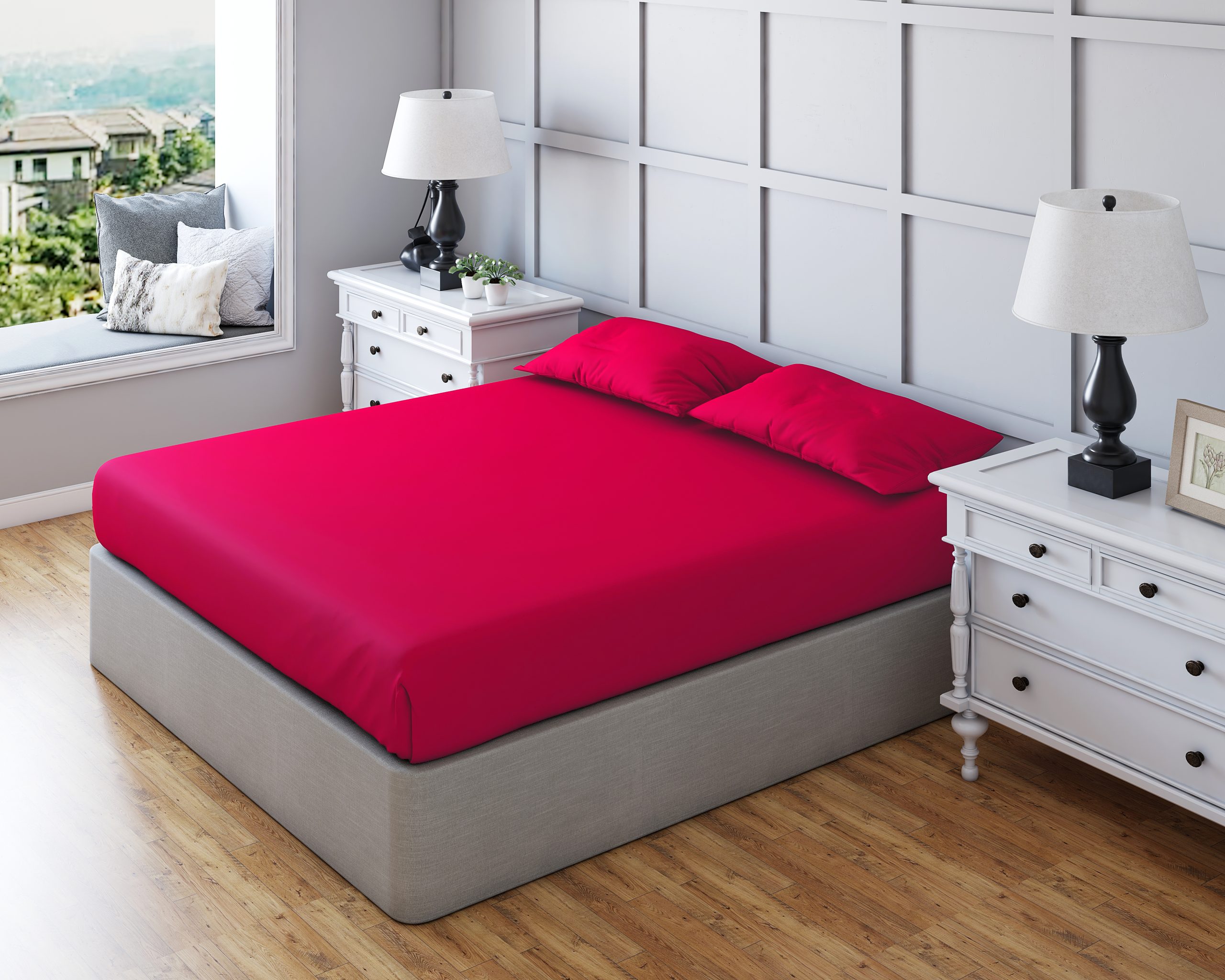 fushia Non Iron Polycotton Plain Dyed Fitted Sheet Extra Deep 25cm Elasticated Skirt - Bunk - Fuchsia - Image 1