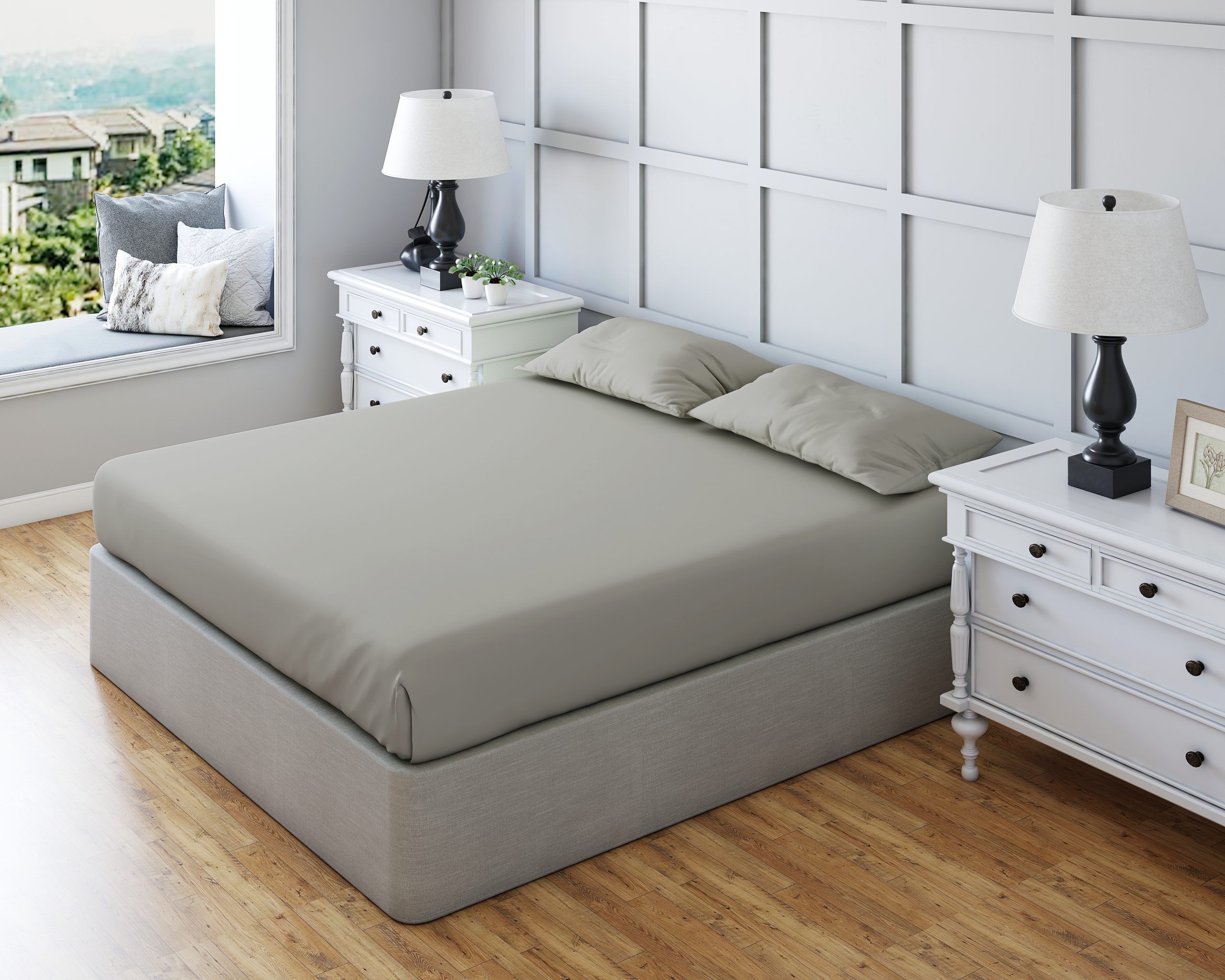 light grey Non Iron Polycotton Plain Dyed Fitted Sheet Extra Deep 25cm Elasticated Skirt - King - Light Grey - Image 1