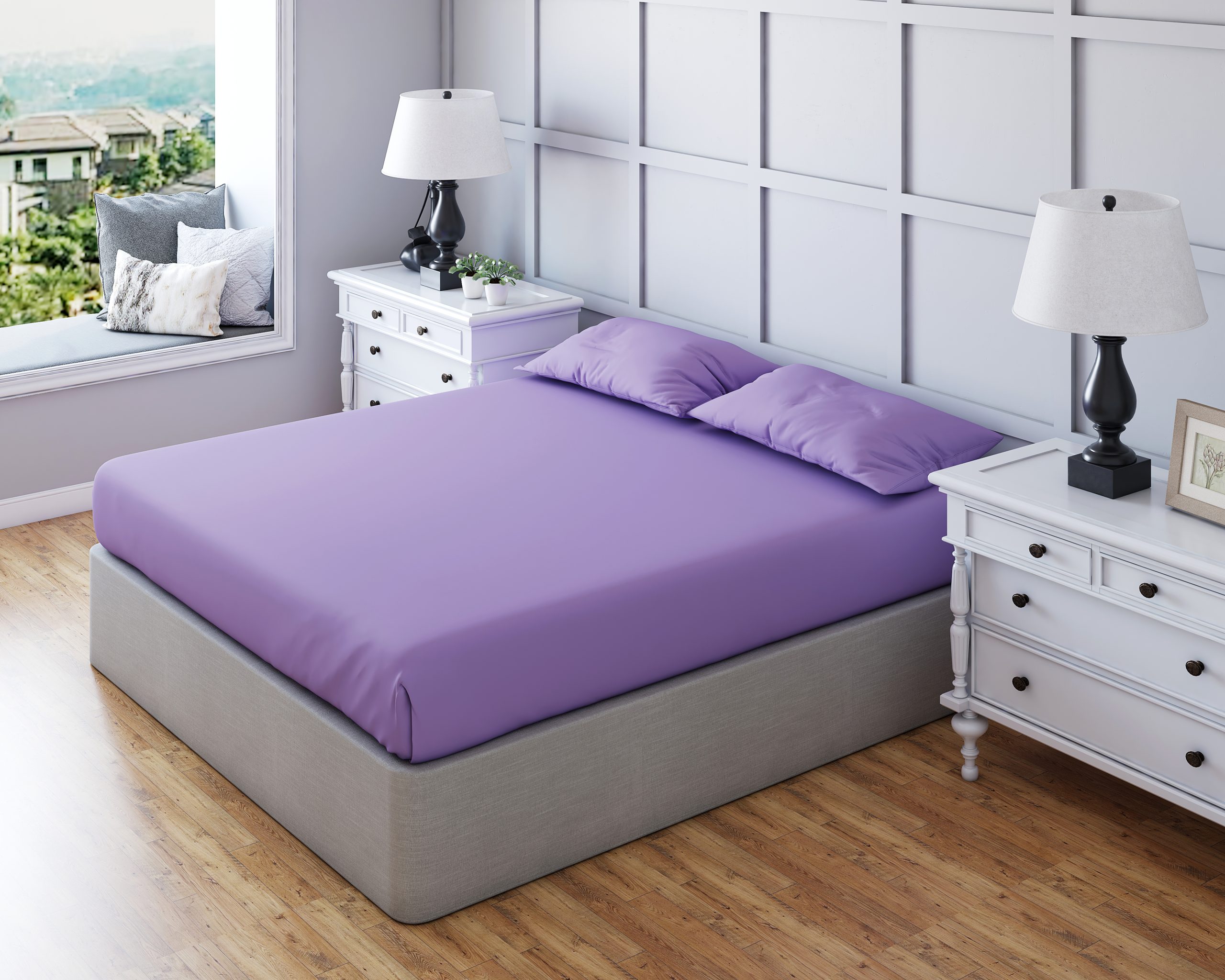 lilac Non Iron Polycotton Plain Dyed Fitted Sheet Extra Deep 25cm Elasticated Skirt - Bunk - Lilac - Image 1