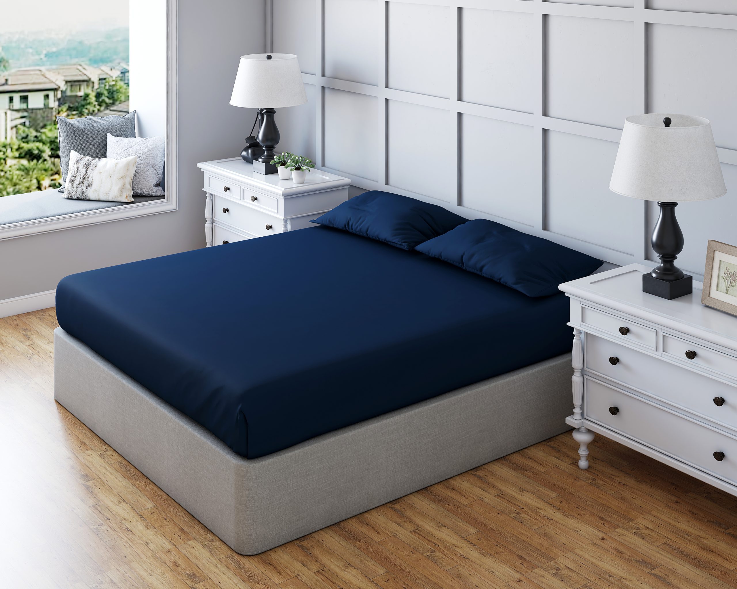 navy Non Iron Polycotton Plain Dyed Fitted Sheet Extra Deep 25cm Elasticated Skirt - Bunk - Navy Blue - Image 1