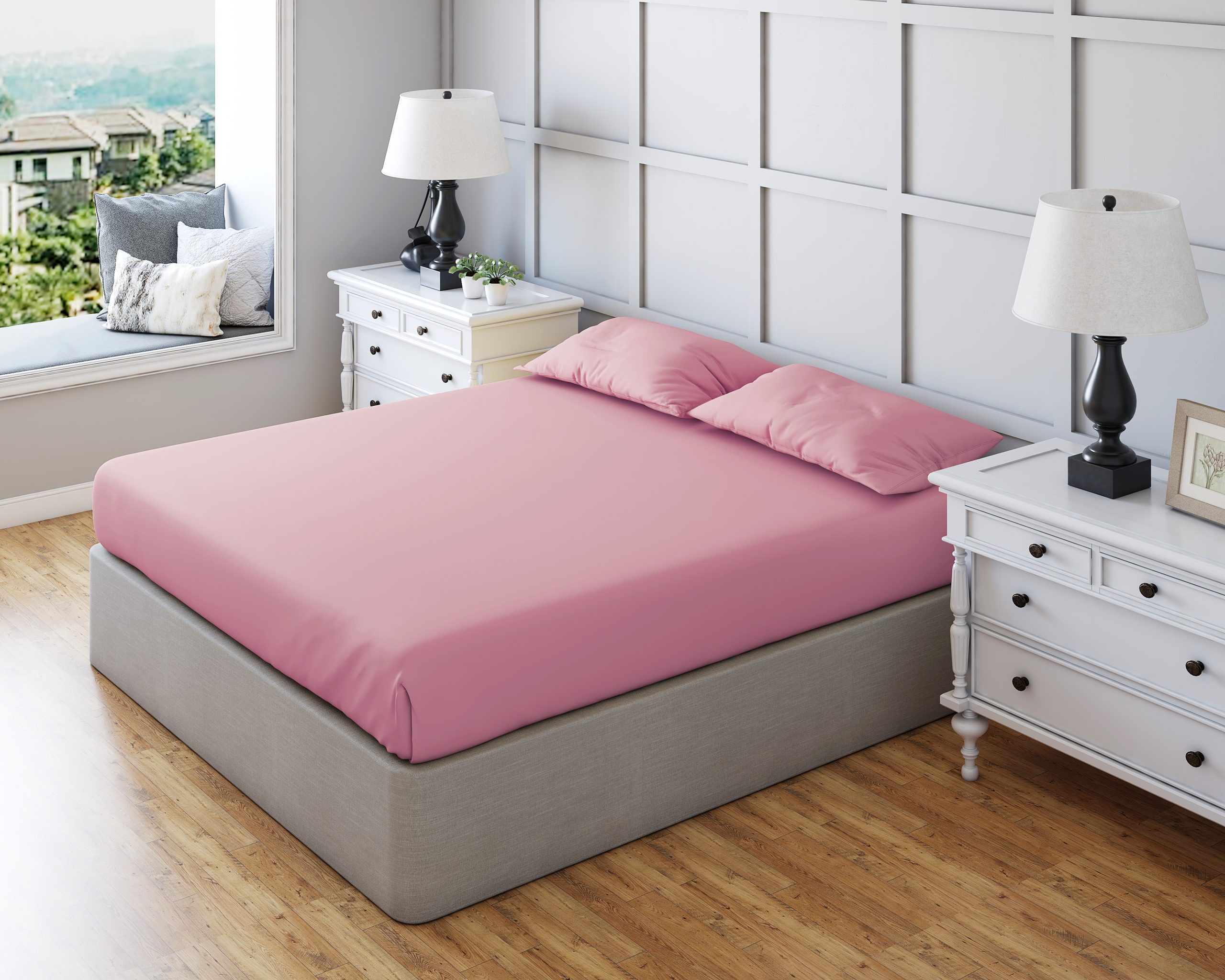 pink Non Iron Polycotton Plain Dyed Fitted Sheet Extra Deep 25cm Elasticated Skirt - Double - Pink - Image 1