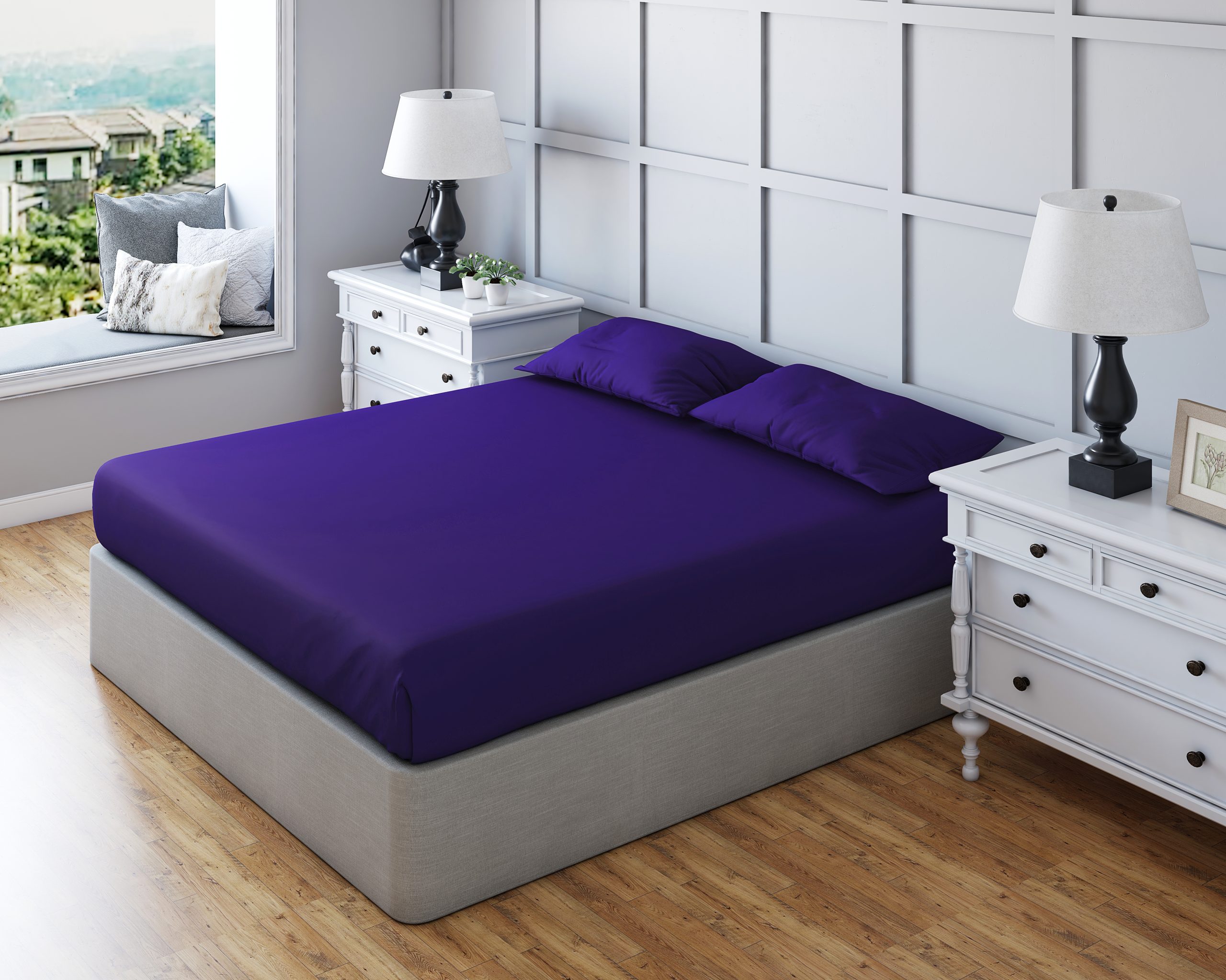 purple Non Iron Polycotton Plain Dyed Fitted Sheet Extra Deep 25cm Elasticated Skirt - Bunk - Purple - Image 1