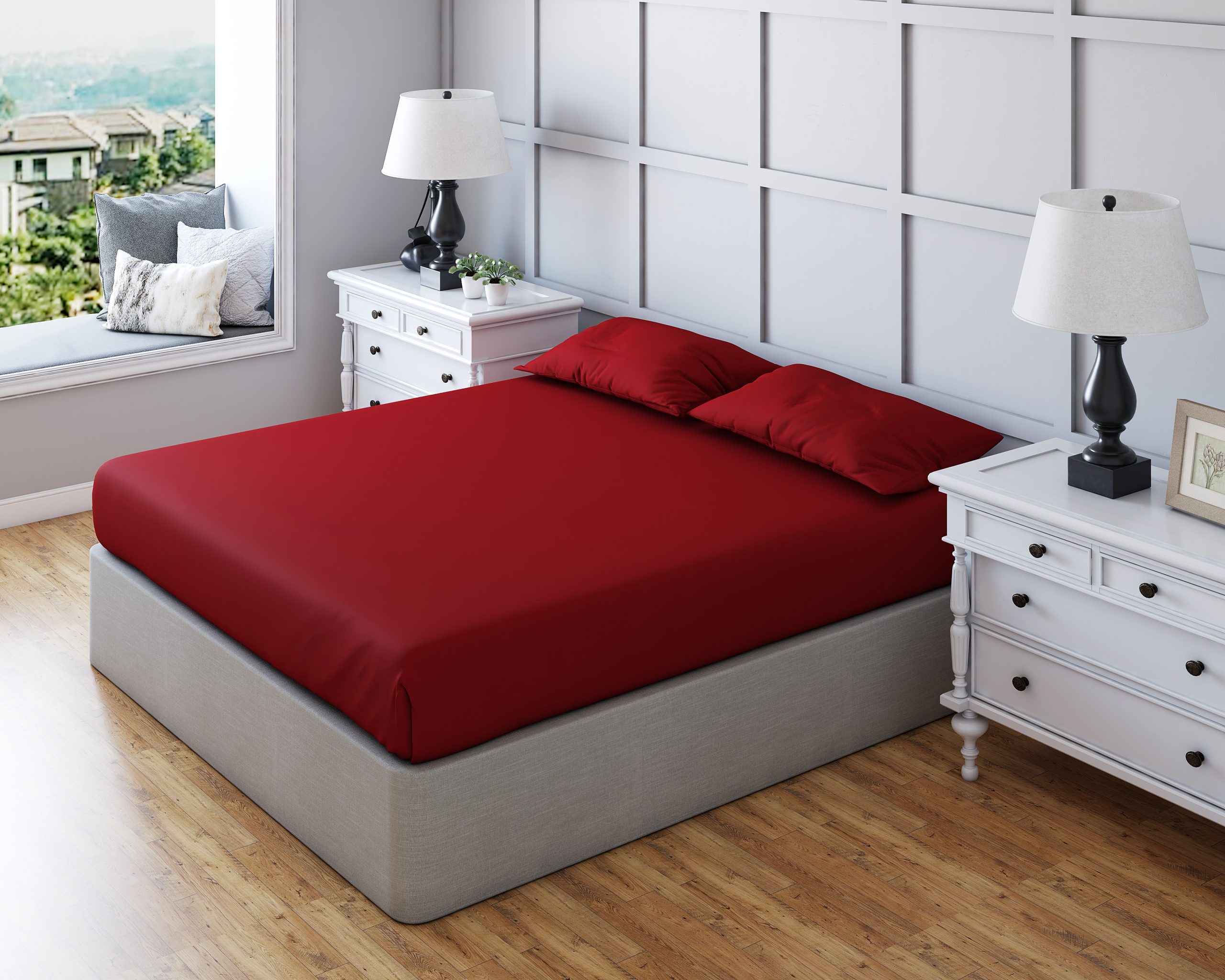red 1 Non Iron Polycotton Plain Dyed Fitted Sheet Extra Deep 25cm Elasticated Skirt - Super King - Red - Image 1