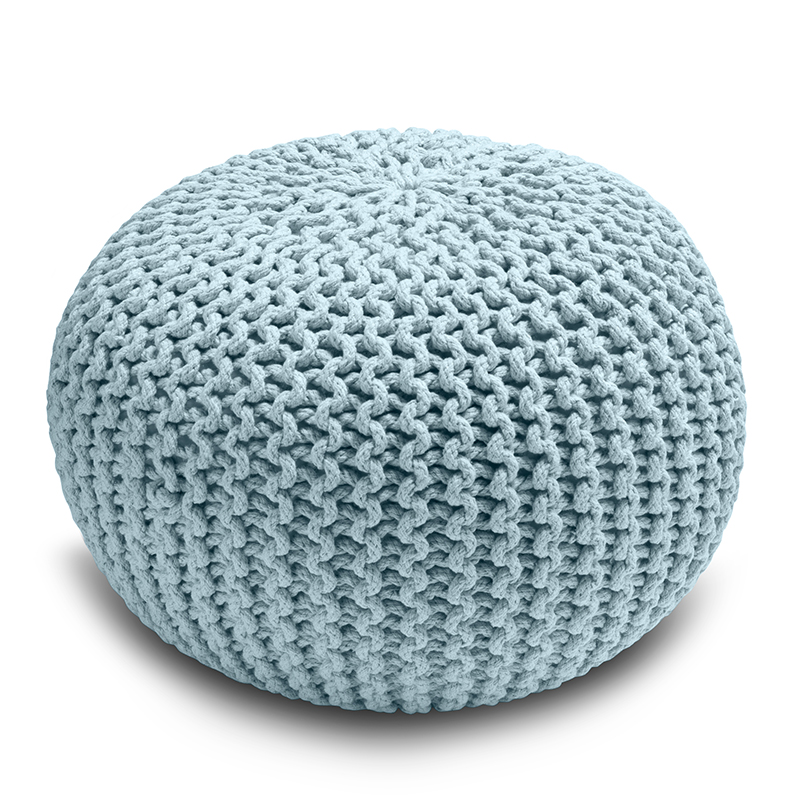 3 Knitted Pouffe Chunky Round Footstool Ottoman 100% Cotton - Blue - Image 1