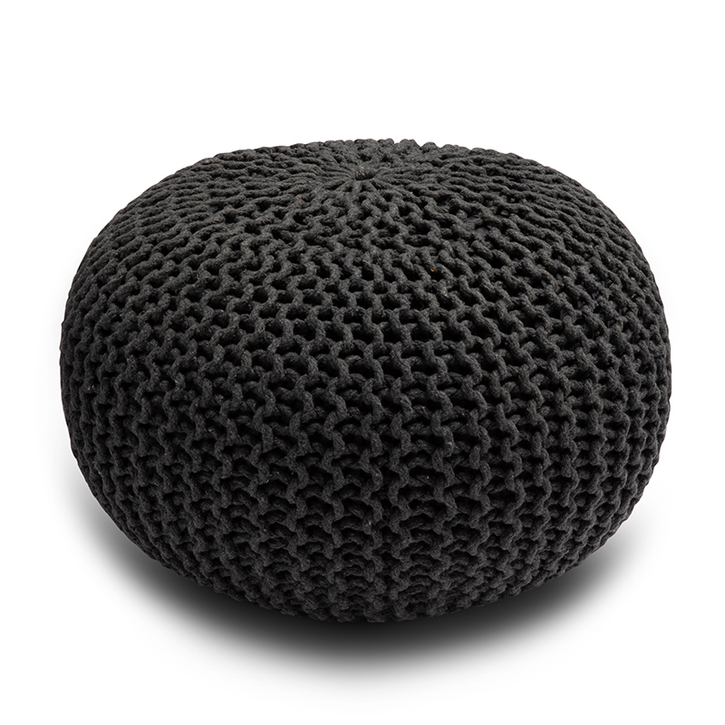 3 Knitted Pouffe Chunky Round Footstool Ottoman 100% Cotton - Black - Image 1