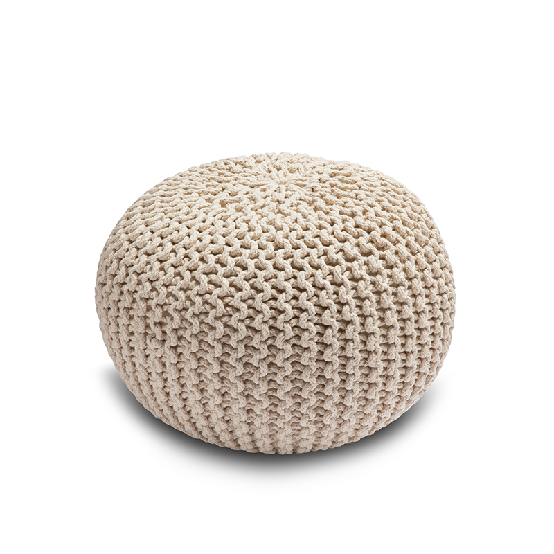 3 Knitted Pouffe Chunky Round Footstool Ottoman 100% Cotton - Cream - Image 1