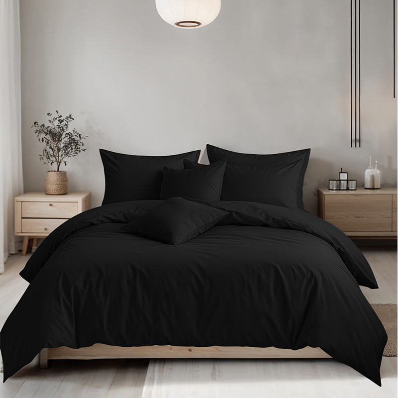 black Plain Dyed Easy Care Polycotton Duvet Cover And Pillowcases Set Bed Linen - Double - Black - Image 1