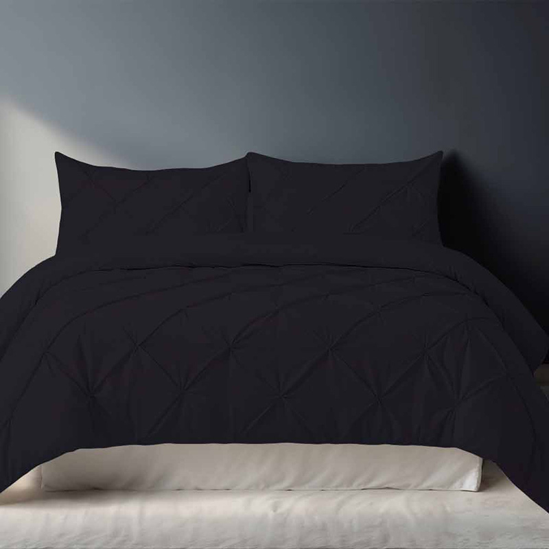 black_center800 Pintuck Pinch Pleated Polycotton Duvet Cover And Pillowcases Set Bed Linen - Double - Black - Image 1