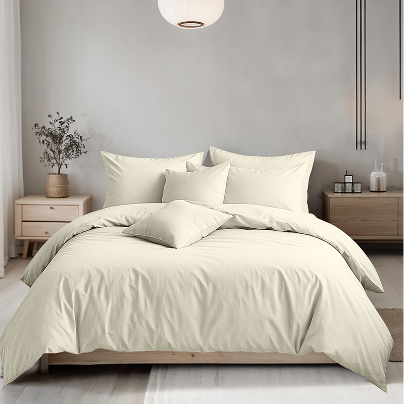 cream Plain Dyed Easy Care Polycotton Duvet Cover And Pillowcases Set Bed Linen - Double - Cream - Image 1