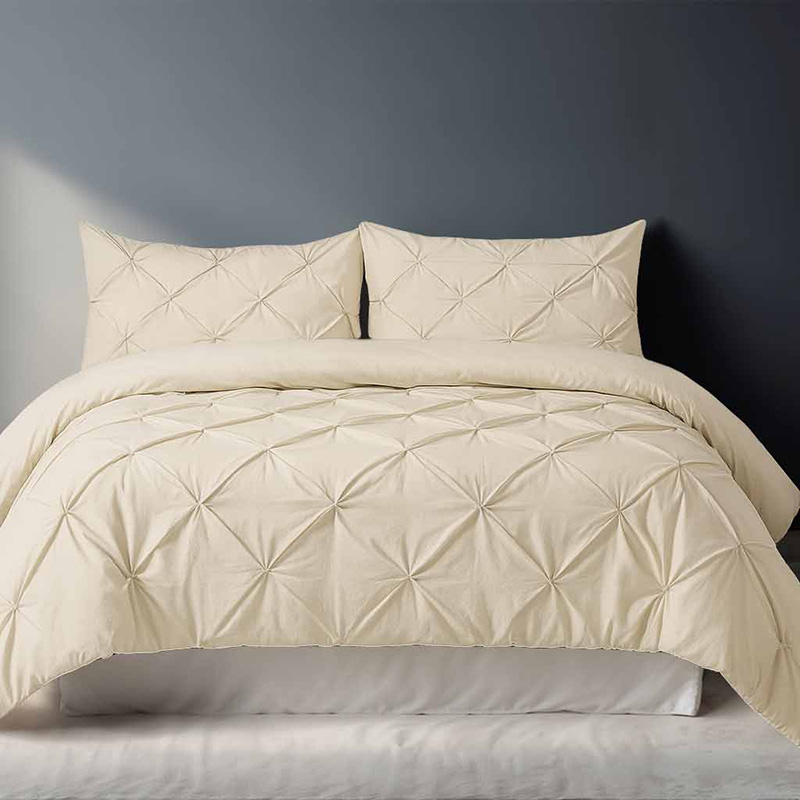 cream_center800 Pintuck Pinch Pleated Polycotton Duvet Cover And Pillowcases Set Bed Linen - Double - Cream - Image 1