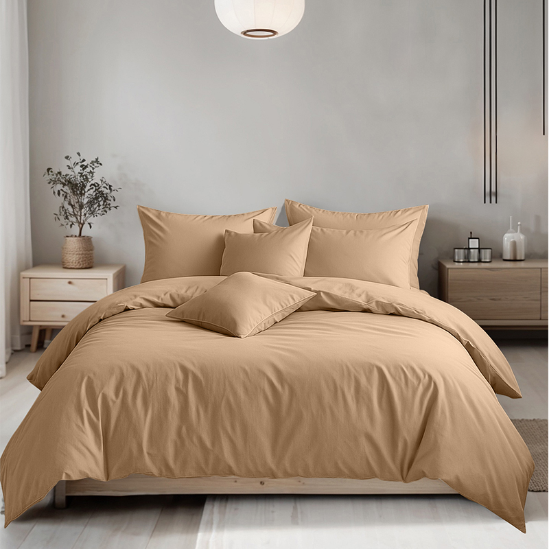latte Plain Dyed Easy Care Polycotton Duvet Cover And Pillowcases Set Bed Linen - Double - Latte - Image 1
