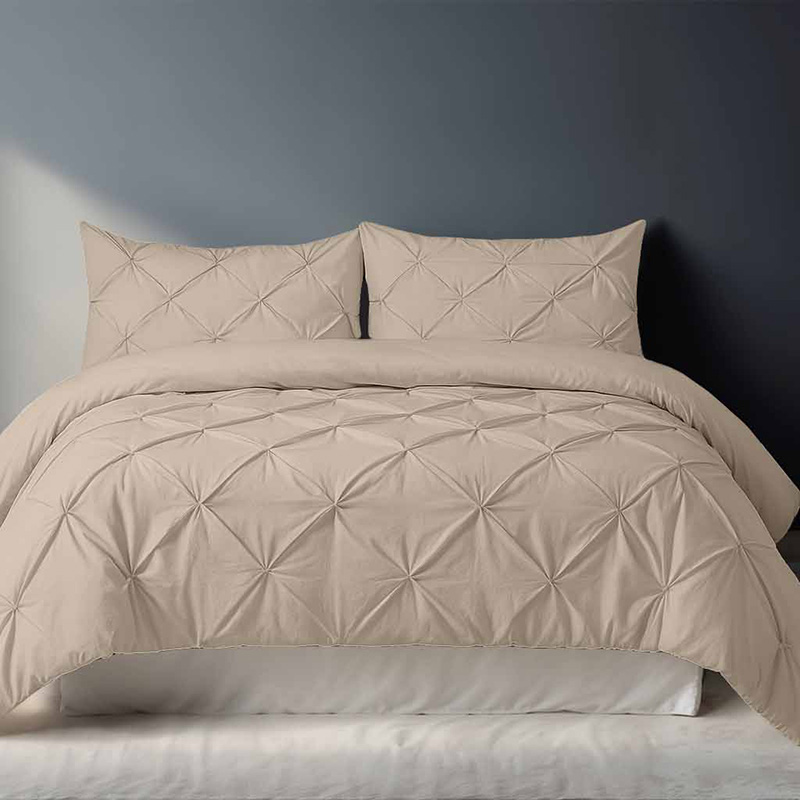 latte_center800 Pintuck Pinch Pleated Polycotton Duvet Cover And Pillowcases Set Bed Linen - King - Latte - Image 1