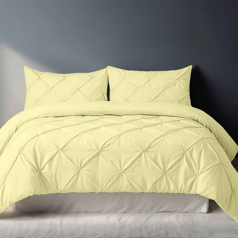 lemon_center800 Pintuck Pinch Pleated Polycotton Duvet Cover And Pillowcases Set Bed Linen - King - Lemon - Image 1