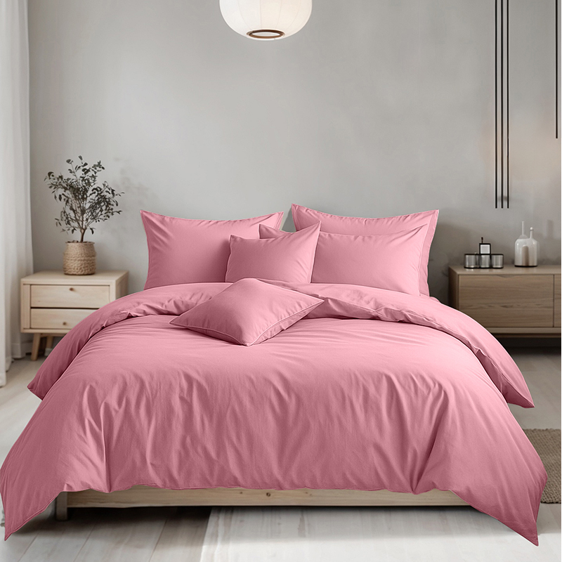 pink Plain Dyed Easy Care Polycotton Duvet Cover And Pillowcases Set Bed Linen - Single - Pink - Image 1