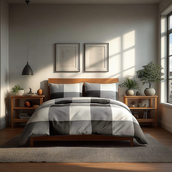 Duvet Cover And Pillowcase Set White Black Grey Tartan Check Design Polycotton Bed Linen