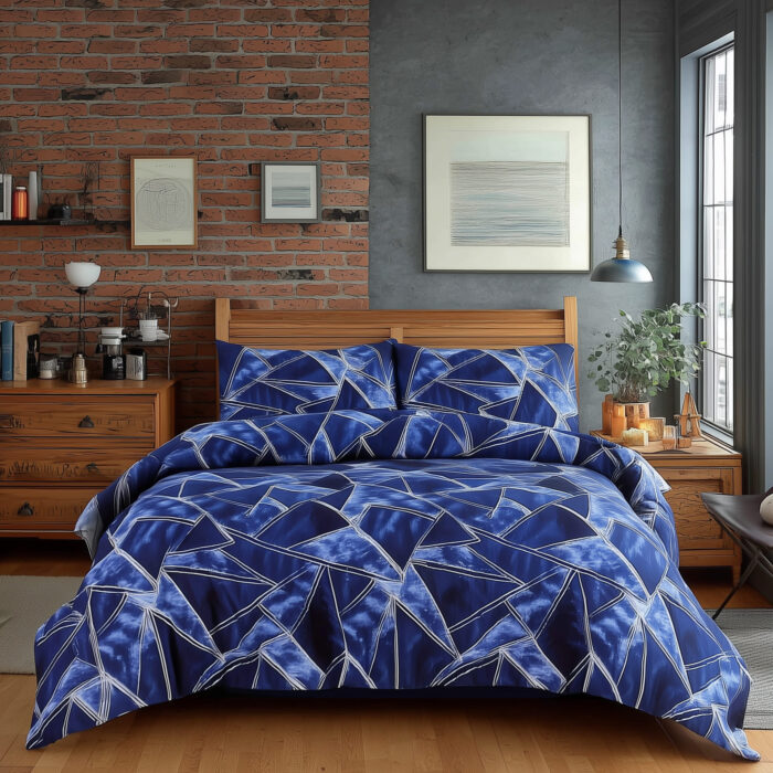 Duvet Cover And Pillowcase Set Navy Blue Triangle Print Design Polycotton Bed Linen