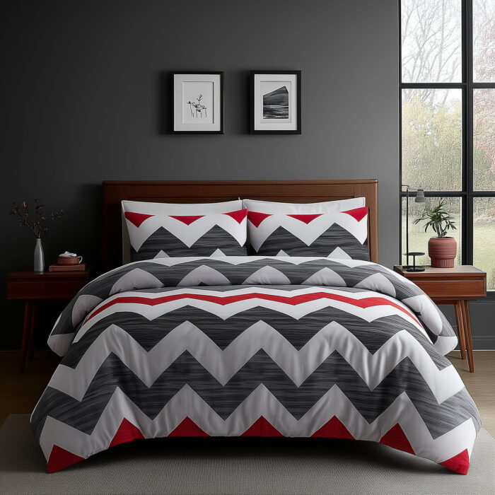 Duvet Cover And Pillowcase Set Grey And Red Zig Zag Reversible Print Design Polycotton Bed Linen