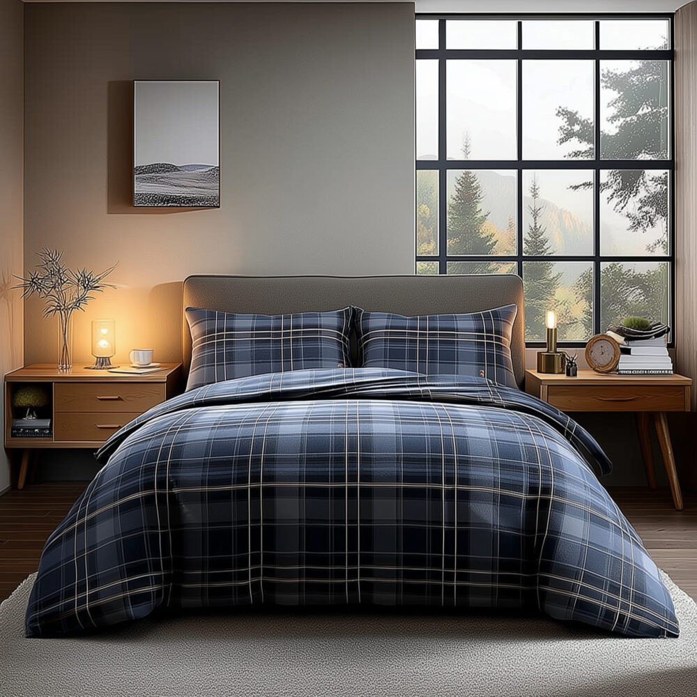 Duvet Cover And Pillowcase Set Indigo Tartan Check Design Polycotton ...