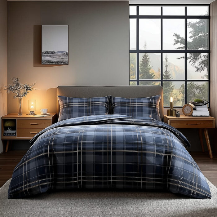 Duvet Cover And Pillowcase Set Indigo Tartan Check Design Polycotton Bed Linen