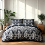 Duvet Cover And Pillowcase Set Natural Black Stripe Floral Design Polycotton Bed Linen - Black - Double