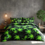 Duvet Cover And Pillowcase Set Black Or White Cannabis Design Polycotton Bed Linen - Black - Double