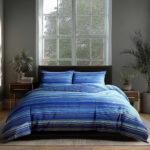 Duvet Cover And Pillowcase Set Blue And Red Stripe Design Polycotton Bed Linen - Blue - King