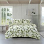 Duvet Cover And Pillowcase Set Reversible Leaf And Stripe Design Polycotton Bed Linen - Single - Green