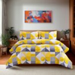 Duvet Cover And Pillowcase Set Red Blue Or Yellow Shape Design Polycotton Bed Linen - Mustard - King