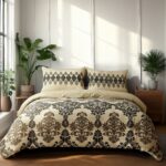 Duvet Cover And Pillowcase Set Natural Black Stripe Floral Design Polycotton Bed Linen - Natural - Super King