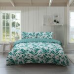 Duvet Cover And Pillowcase Set Reversible Leaf And Stripe Design Polycotton Bed Linen - Super King - Teal