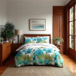 Duvet Cover And Pillowcase Set Lily Flower Design Bed Linen - Teal - Super King