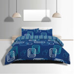 Duvet Cover And Pillowcase Set Geometric Square Design Polycotton Bed Linen - Blue - King