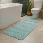 2 Piece Block Design Memory Foam Bath Mat Set Soft Absorbent Non-Slip Bathroom - Aqua