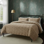 Ultra Soft Teddy Duvet Cover Set Leaves Embossed Cozy Fleece Bedding - Beige - Single