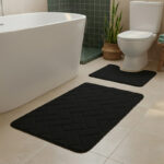 2 Piece Block Design Memory Foam Bath Mat Set Soft Absorbent Non-Slip Bathroom - Black