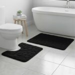 2 Piece Pebble Design Memory Foam Bath Mat Set Soft Absorbent Non-Slip Bathroom - Black