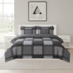 Box Print Duvet Cover Set Contemporary Square Pattern Bedding - King - Black