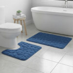 2 Piece Pebble Design Memory Foam Bath Mat Set Soft Absorbent Non-Slip Bathroom - Blue