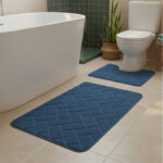 2 Piece Block Design Memory Foam Bath Mat Set Soft Absorbent Non-Slip Bathroom - Blue