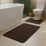 2 Piece Block Design Memory Foam Bath Mat Set Soft Absorbent Non-Slip Bathroom - Chocolate