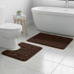 2 Piece Pebble Design Memory Foam Bath Mat Set Soft Absorbent Non-Slip Bathroom - Chocolate