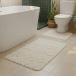 2 Piece Block Design Memory Foam Bath Mat Set Soft Absorbent Non-Slip Bathroom - Cream