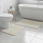 2 Piece Pebble Design Memory Foam Bath Mat Set Soft Absorbent Non-Slip Bathroom - Cream