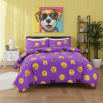 Emoji Print Duvet Cover Set Cool Playful Bedding with Pillowcases - Double - Lilac