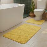 2 Piece Block Design Memory Foam Bath Mat Set Soft Absorbent Non-Slip Bathroom - Ochre