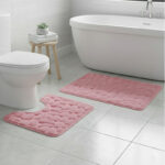 2 Piece Pebble Design Memory Foam Bath Mat Set Soft Absorbent Non-Slip Bathroom - Pink