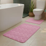2 Piece Block Design Memory Foam Bath Mat Set Soft Absorbent Non-Slip Bathroom - Pink