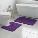 2 Piece Pebble Design Memory Foam Bath Mat Set Soft Absorbent Non-Slip Bathroom - Plum