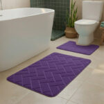 2 Piece Block Design Memory Foam Bath Mat Set Soft Absorbent Non-Slip Bathroom - Plum